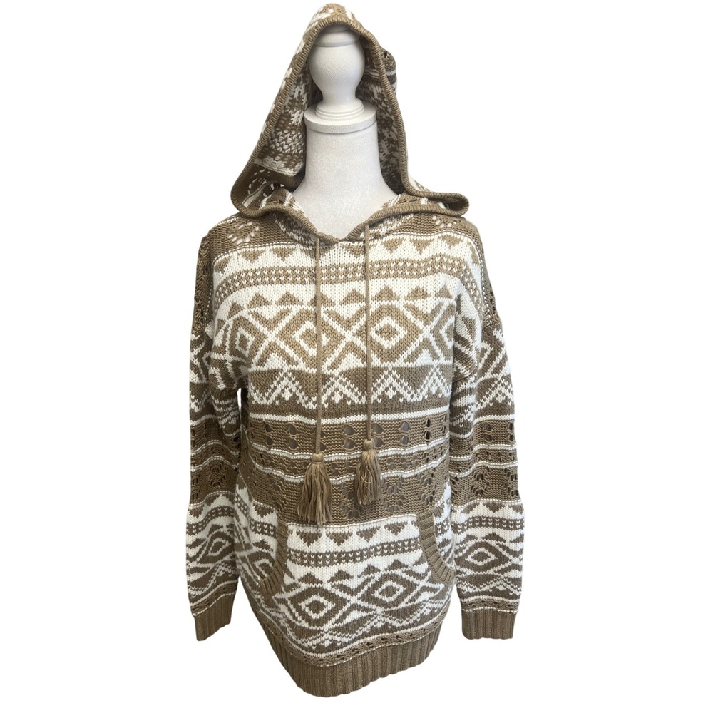 Forever 21 Womens Knit Hoodie Sweater Tan White Sz S Tribal Boho Tassel Coastal